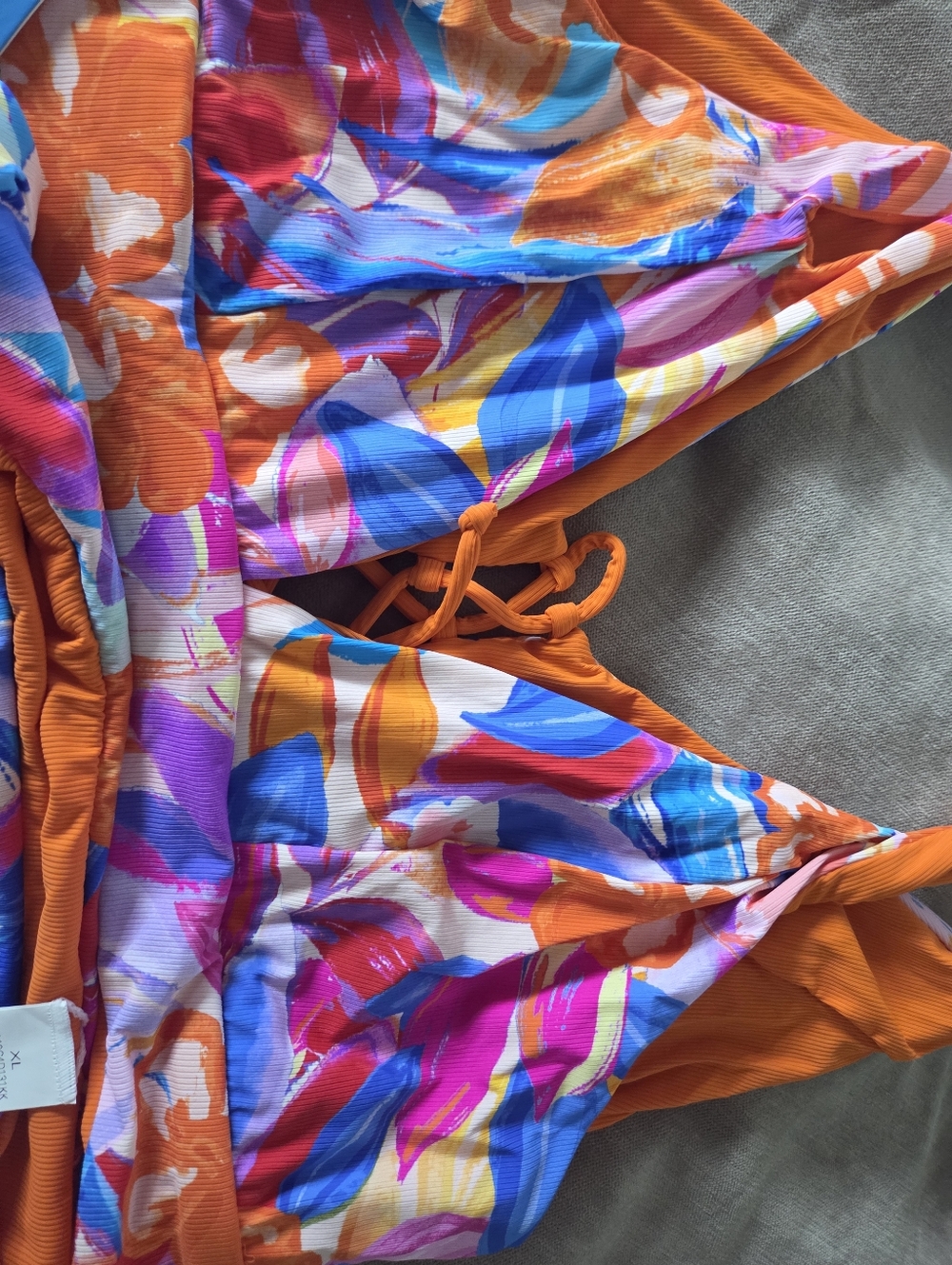 Cupshe Bright Orange Multicolor Floral Lace-Up Bikini XL - Picture 3 of 8